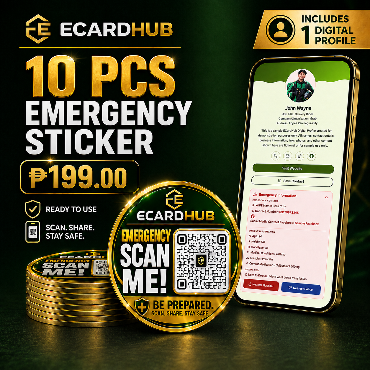 ECARD COSTUMIZED STICKERS WITH DIGITAL PROFILE - 2X2 INCH 10 STICKER WITH 1 DIGITAL PROFILE